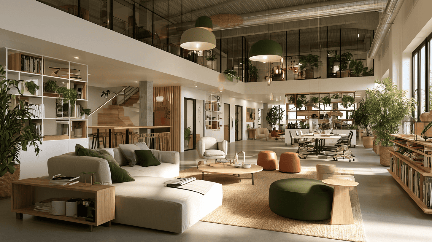 Espace de travail aménagé avec un coin salon et des bureaux